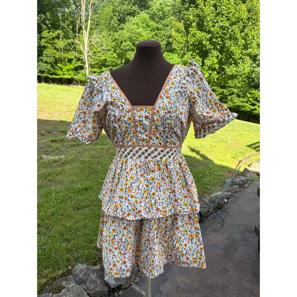 Lost + Wander Floral Tiered Mini Dress small Ruffle Cottagecore Smocked